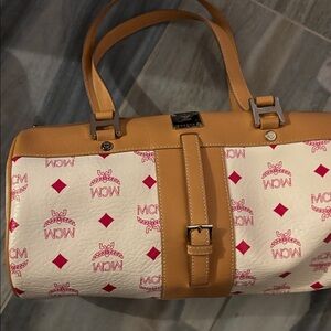 MCM Tan and White Shoulder Bag with Pink Accents